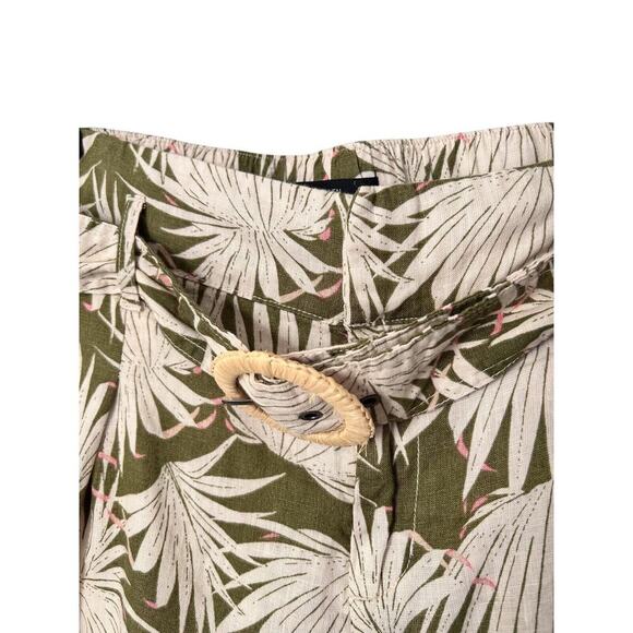 Tahari Shorts Womens Size L Tropical Palm Trees 100% Linen Belted Green Cream - Picture 2 of 10